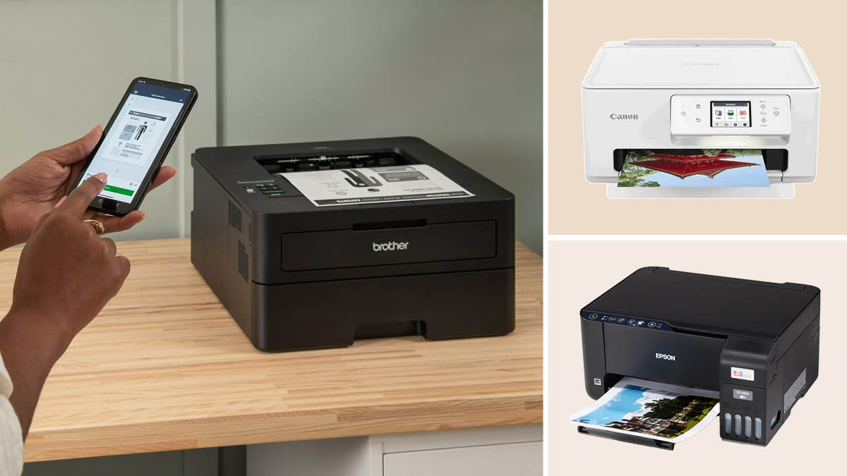 grid of three images with person holding smartphone in front of Brother HL-L2420DW  printer and Canon Pixma TS7722 and Epson EcoTank ET-2400 printers on beige backgrounds