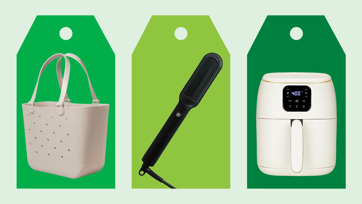 Simple Modern beach bag, Tymo hair straighener brush, Dash Tasti-Crisp Ceramic DCAF26CM air fryer on shopping tag graphics.