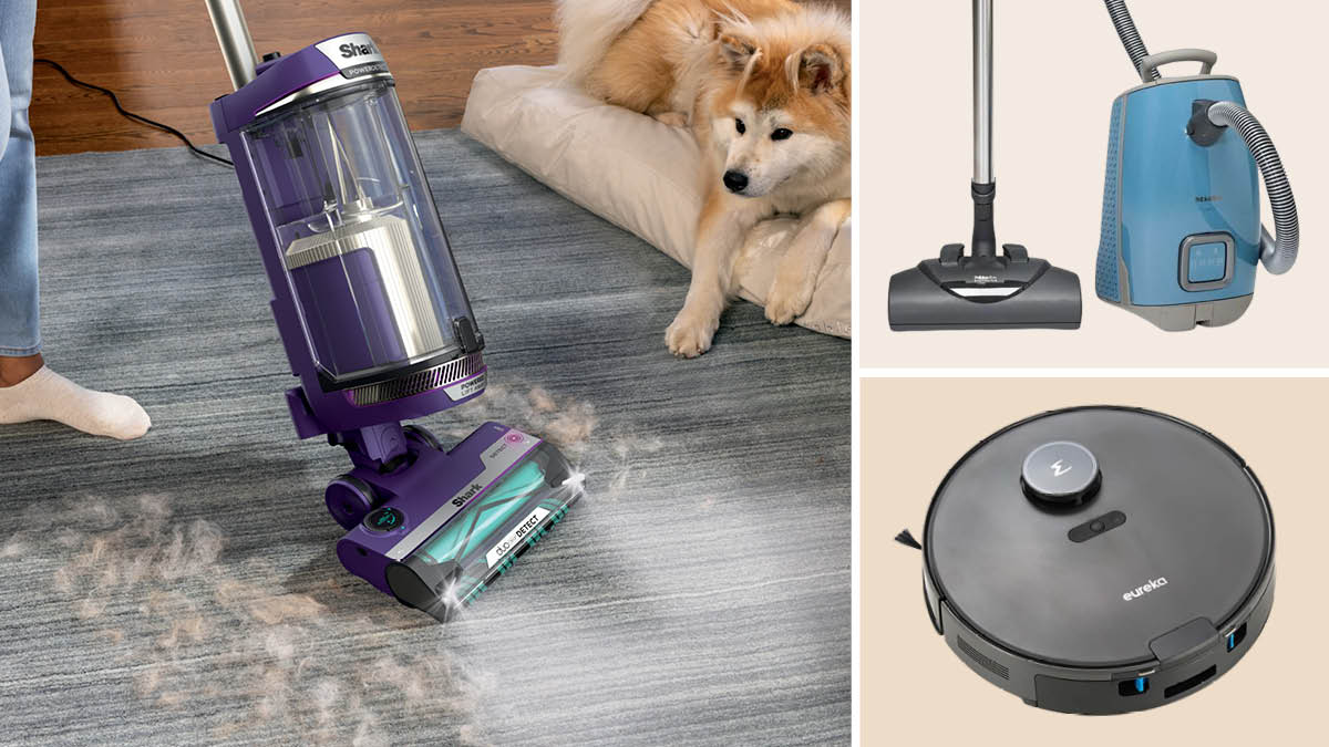 grid of three images with Shark PowerDetect AZ4002 vacuuming dog hair off rug with dog sitting in background and Miele Guard L1 and Eureka NERE10SW robotic vacuum on beige backgrounds