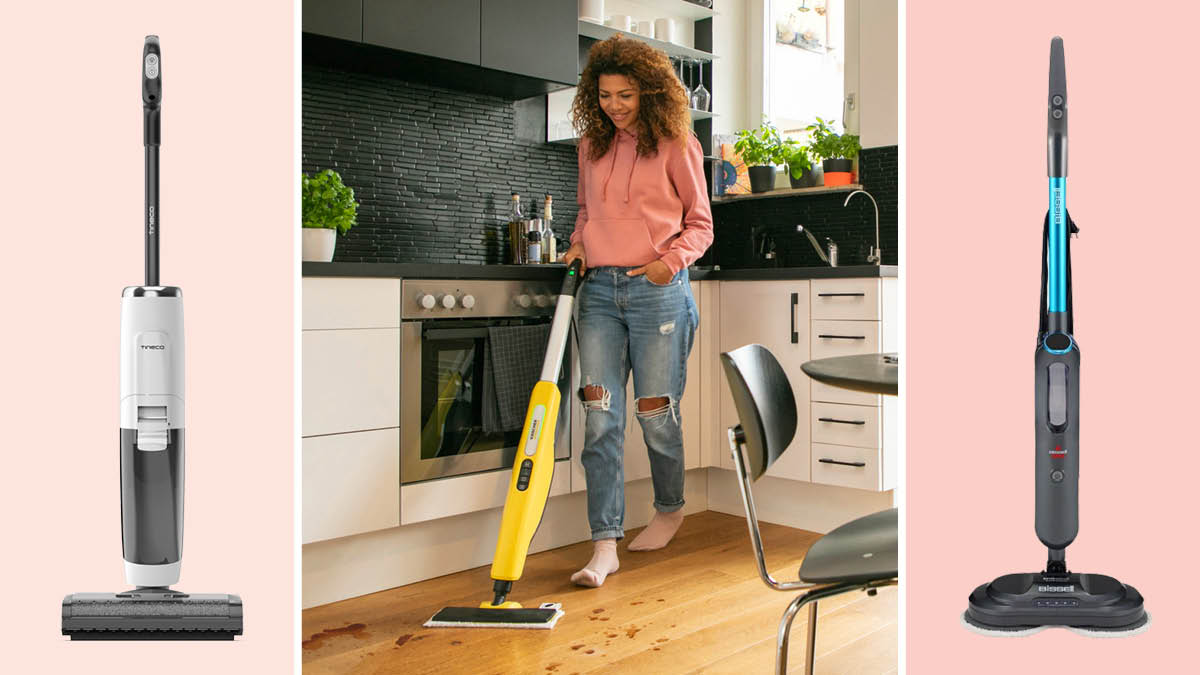 Tineco Floor One S5, woman using Karcher SC 3 Upright EasyFix to clean a kitchen floor mess, Bissell SpinWave SmartSteam 3897.