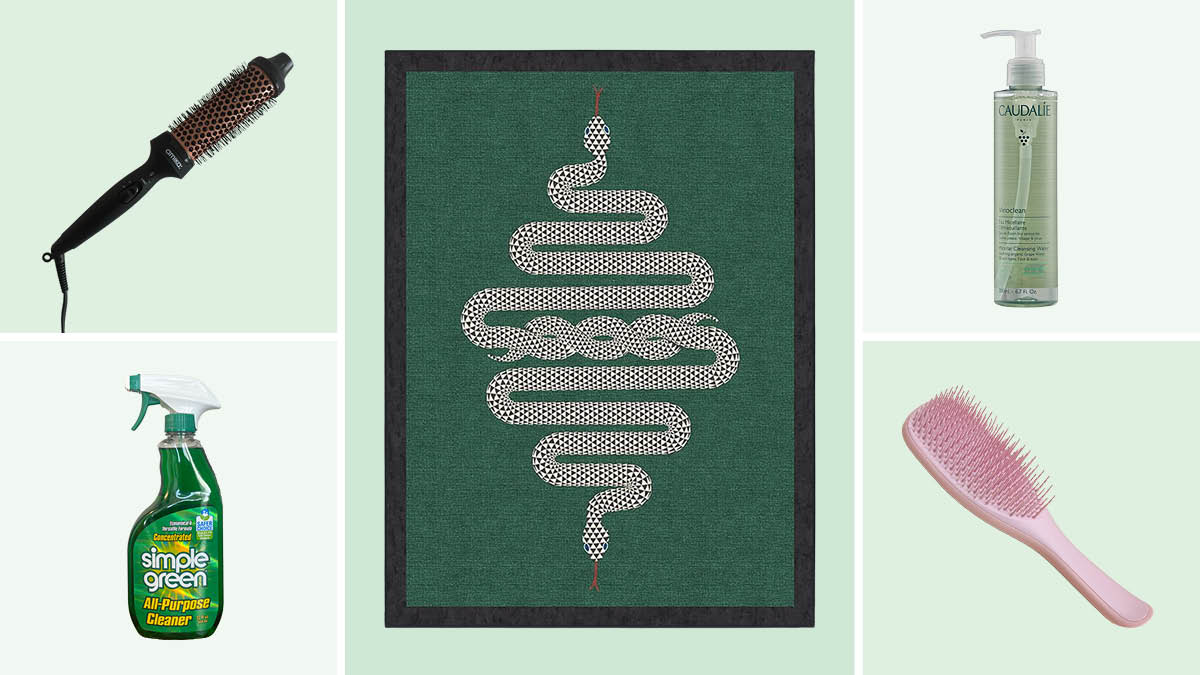 grid with Amika hairbrush, Simple Green All-Purpose Cleaner, Jonathan Adler Venom Ruggable Rug, Caudalie Micellar Water, and Amika Blowout Babe Thermal Brush tool on light green backgrounds