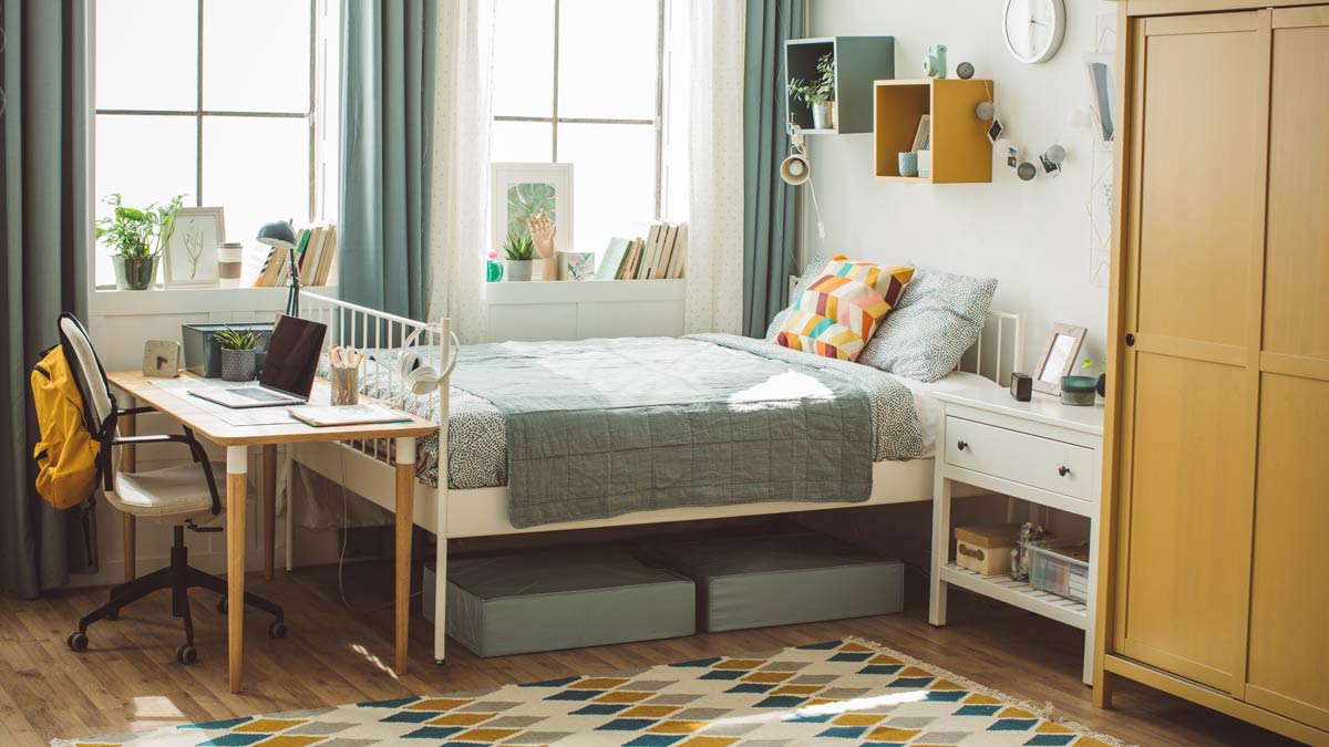 A furnished college dorm room.