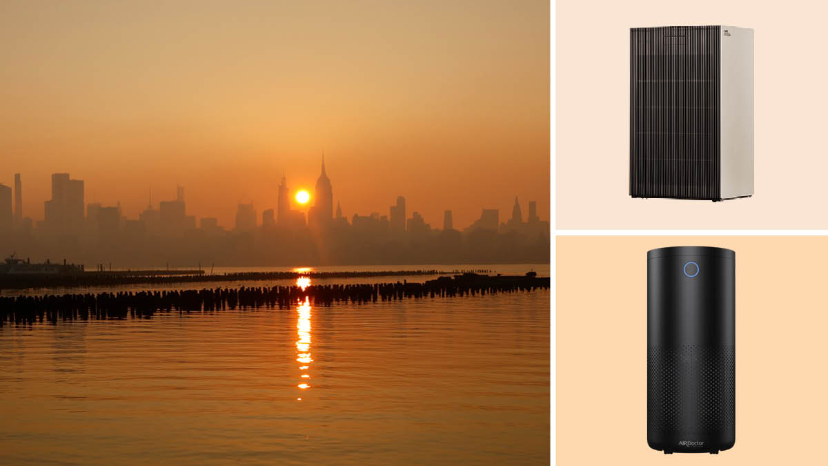 NYC skyline with hazy wildfire smoke as seen from Jersey City, Coway Airmega ProX and AirDoctor 4000 air purifiers.