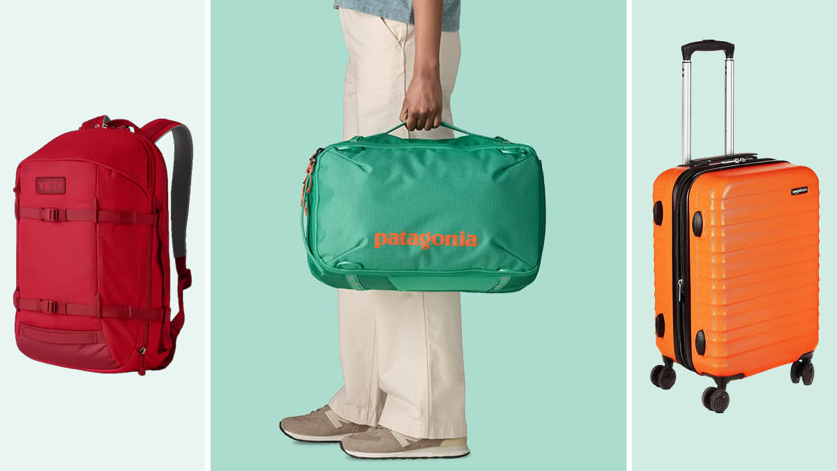 from left: Yeti Crossroads 27L Travel Backpack, a person holding a Patagonia Black Hole Mini MLC Travel Backpack, Amazon Basics 21-Inch Hardside Spinner Luggage.