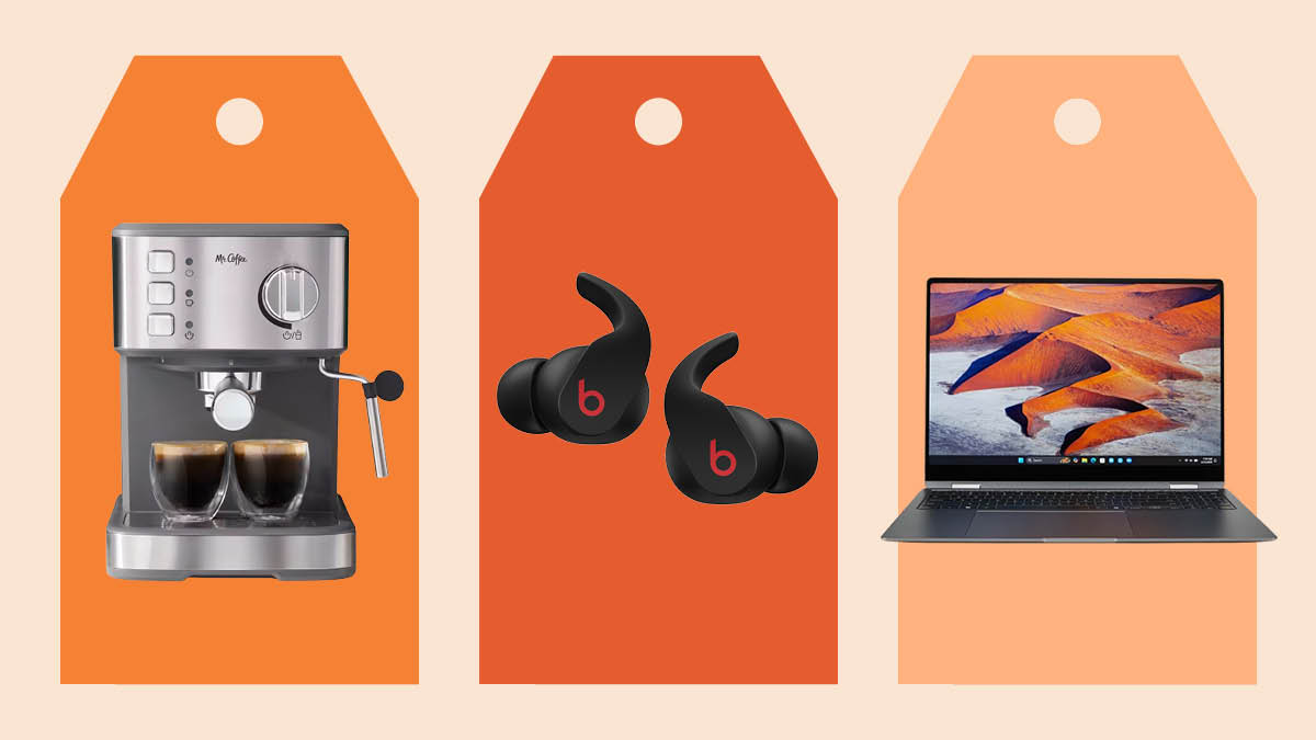 Colorful shopping tags with Mr. Coffee Compact Espresso Maker, Beats by Dr. Dre Beats Fit Pro, and Samsung Galaxy Book5 Pro 360.