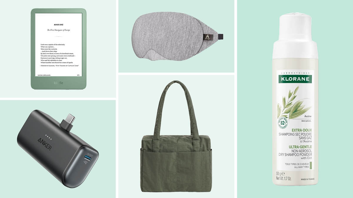 Amazon Kindle, Anker nano power bank, Mavogel sleep mask, Baggu carryon bag, Klorane dry shampoo