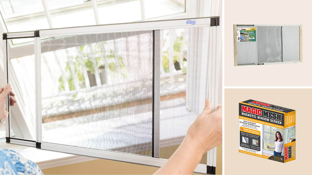 grid of three images with hands holding Fenestrelle Adjustable Window Screen in front of window and Frost King Adjustable Window Screen and Magic Mesh Magnetic Window Screen on beige backgrounds