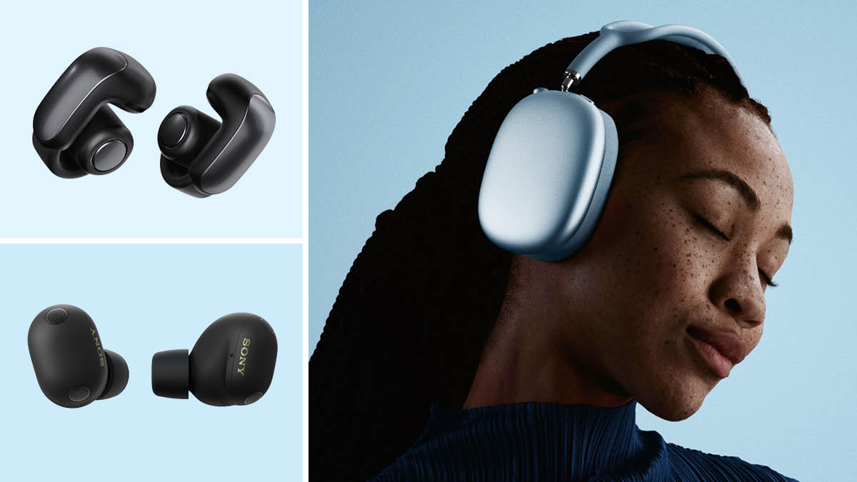 grid of three images with Bose Ultra Open Earbuds and Sony WF1000XM6/B Earbuds on light blue background and person with their eyes closed wearing Apple AirPods Max 2 on light blue background