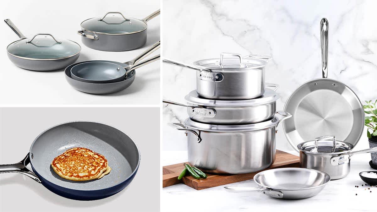 Clockwise from top left:  Figmint pans, All-Clad cookware set in a kitchen setting, and Caraway pan with a cooked pancake in it.