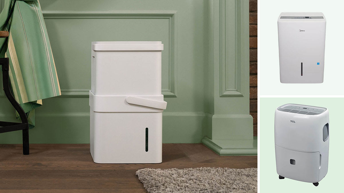 Clockwise from left: A Midea Cube Dehumidifier sitting in a living room environment, Midea MAD35C1AWS dehumidifier , TCL TDW40E20 dehumidifier.