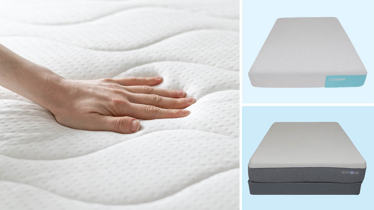 grid of three images with close up of hand pushing on mattress and Casper Snow and Sleep Number ClimateCool mattresses on light blue backgrounds