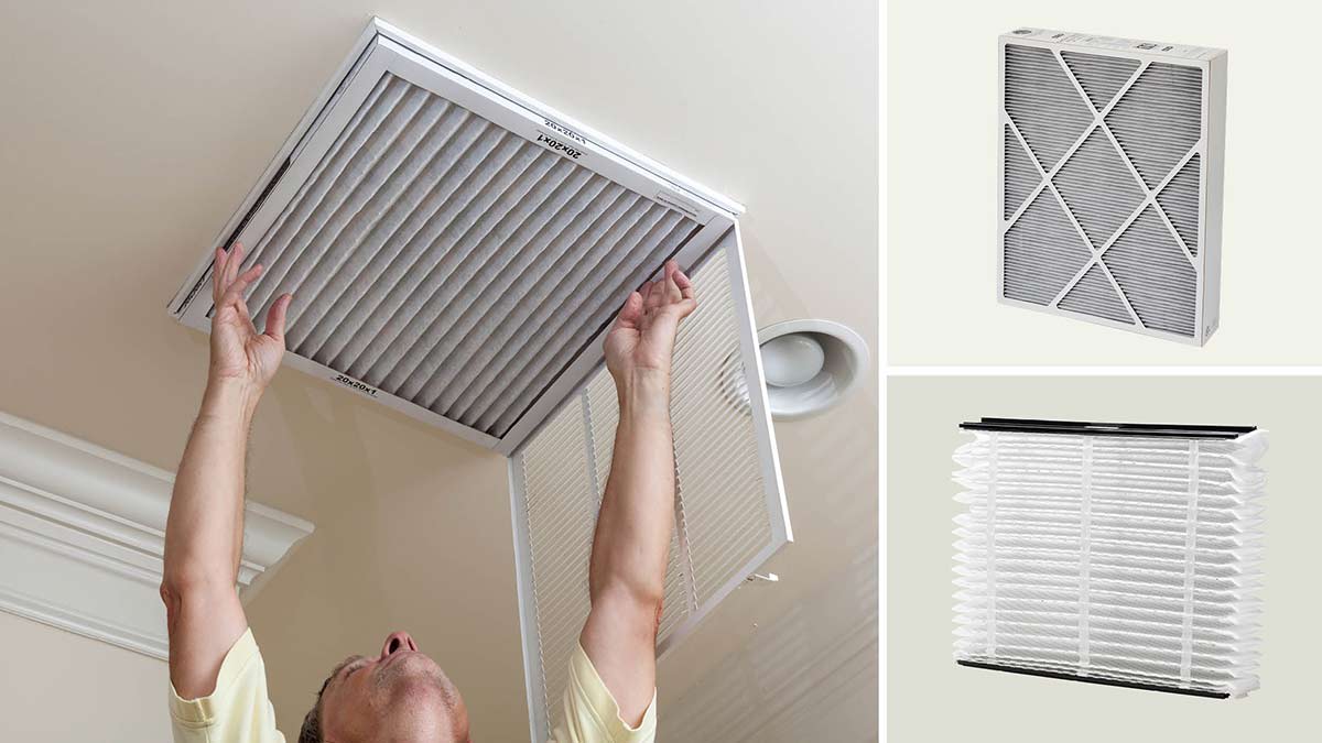 Clockwise from left: a person placing a filter into a ceiling AC, Lennox Healthy Climate CarbonClean 16 filter,  Aprilaire Healthy Home 313 MERV 13 filter.