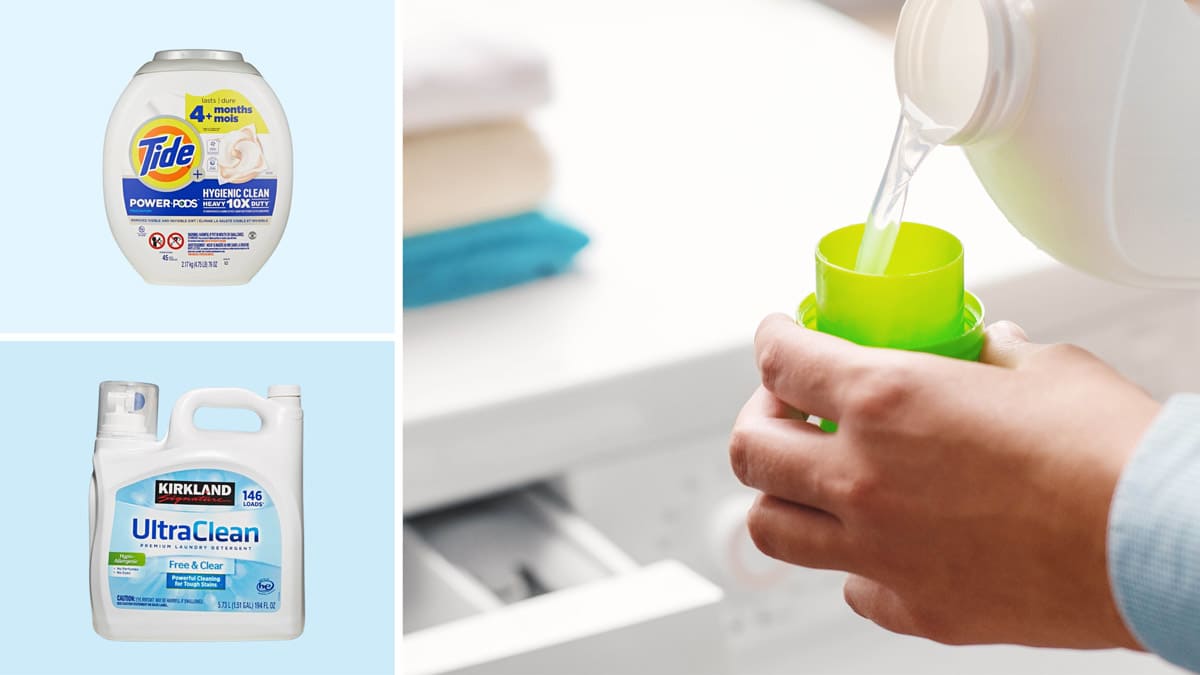 clockwise from bottom left: Kirkland Signature (Costco) Ultra Clean Free & Clear, Tide Plus Hygienic Clean 10X Heavy Duty Power Pods Free/Nature, close-up of a person pouring clear liquid laundry detergent into a measuring cup in front of a clothing washer.