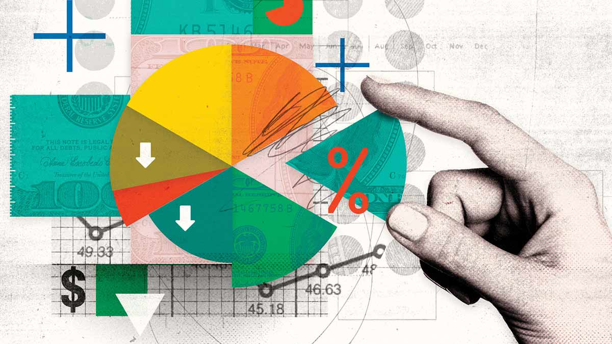 An abstract financial illustration features a hand moving a green slice of a colorful pie chart.