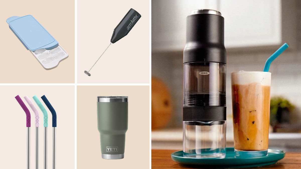 Oxo ice cube tray, aerolatte frother, ello metal straws, yeti tumbler, oxo rapidbrewer and iced coffee