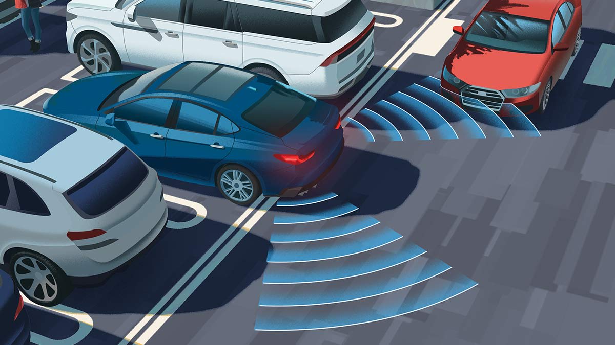 Illustration showing a car's rear cross traffic warning