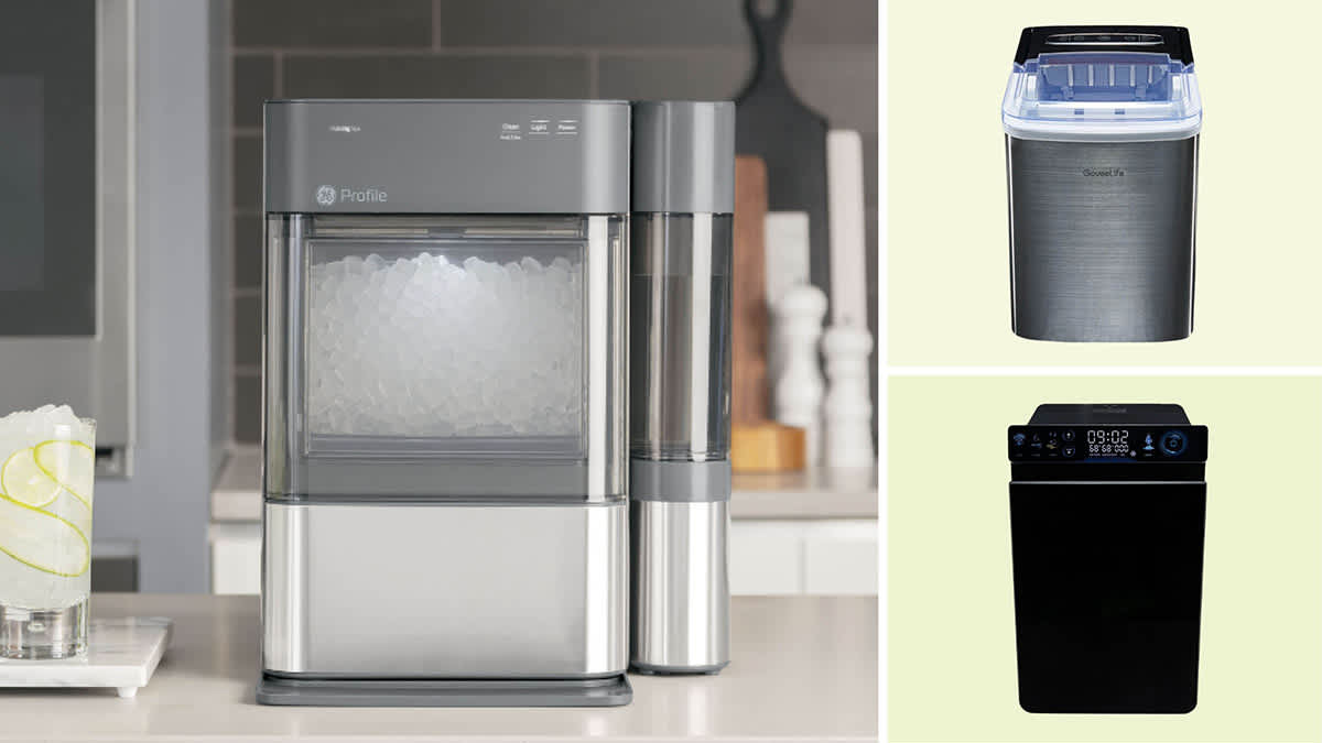 Clockwise from left: GE bullet ice maker seen on a kitchen counter next to a glass filled with ice and sliced fruit; GoveeLife ice cube maker, Ecozy IM-NS451B ice cube maker.