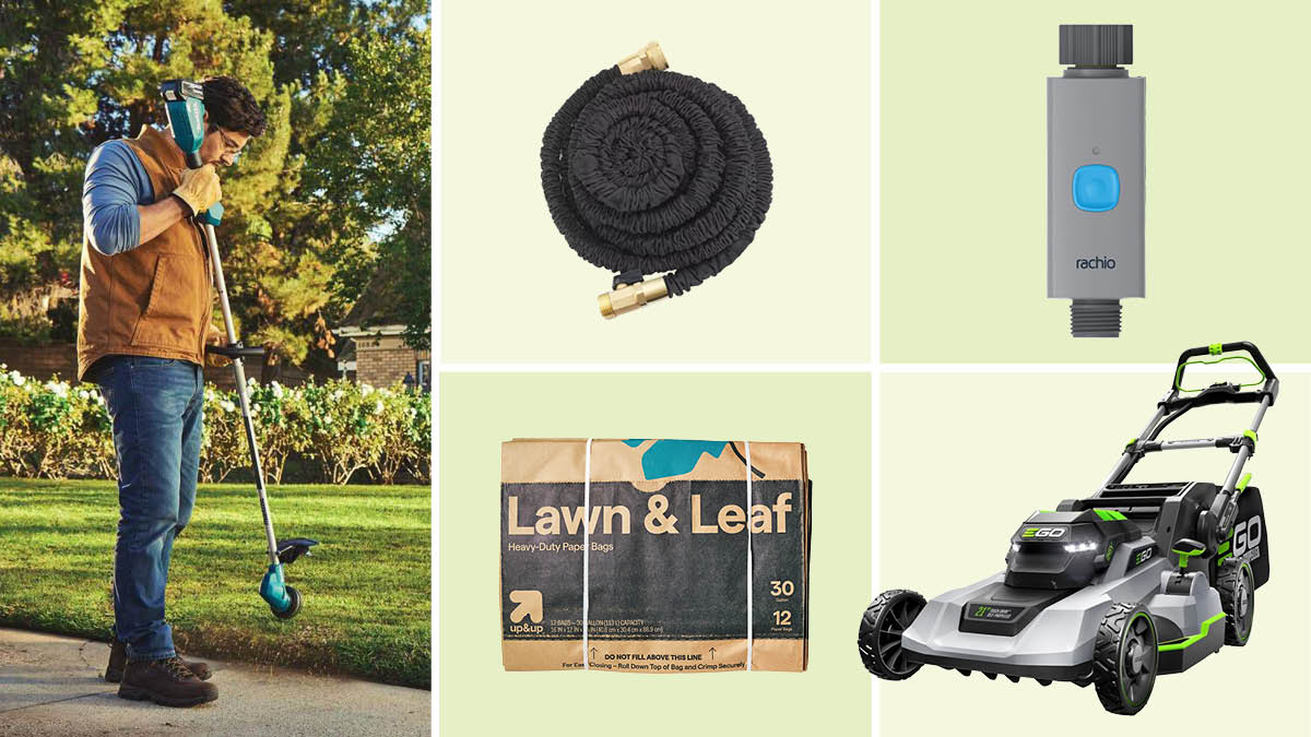 Man in front yard using Makita string trimmer on grass edge, Up&Up lawn and leaf bags, Xhose expandable garden hose, EGO mower, Rachio garden hose timer