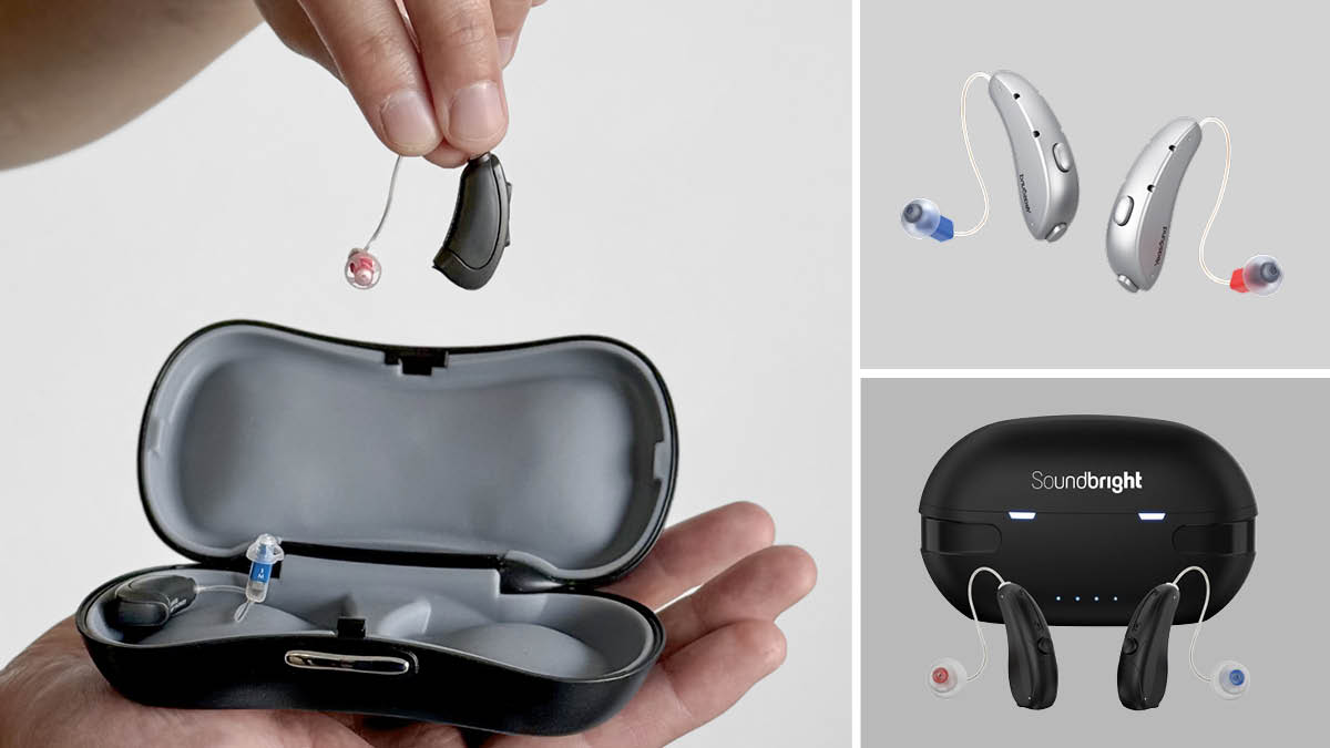 grid of three images with hand holding Concha Labs Sol above case, Yeasound RIC800 hearing aids, and Soundbright Discovery hearing aids in front of case on light grey backgrounds