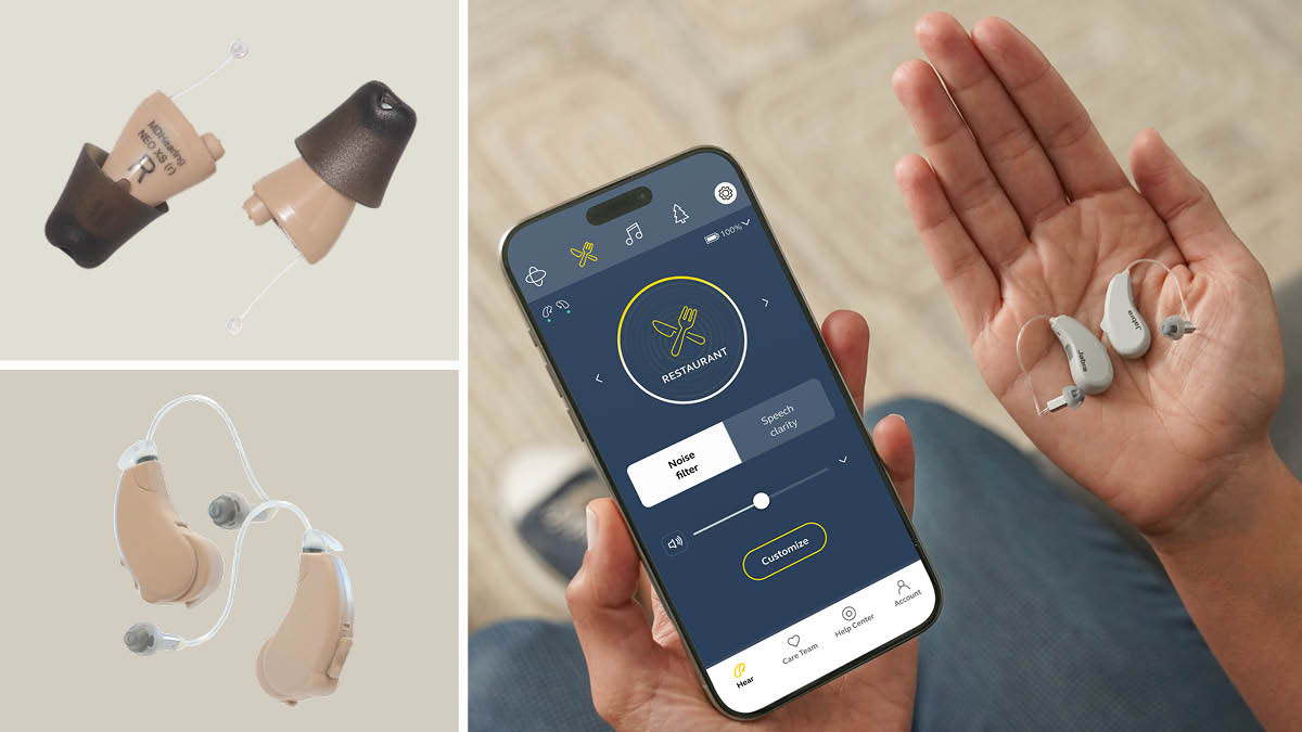 grid of three images with MD Hearing Neo XS and Lucid Engage hearing aids on beige backgrounds and hand holding phone with Jabra app in one hand and Jabra hearing aids in other hand