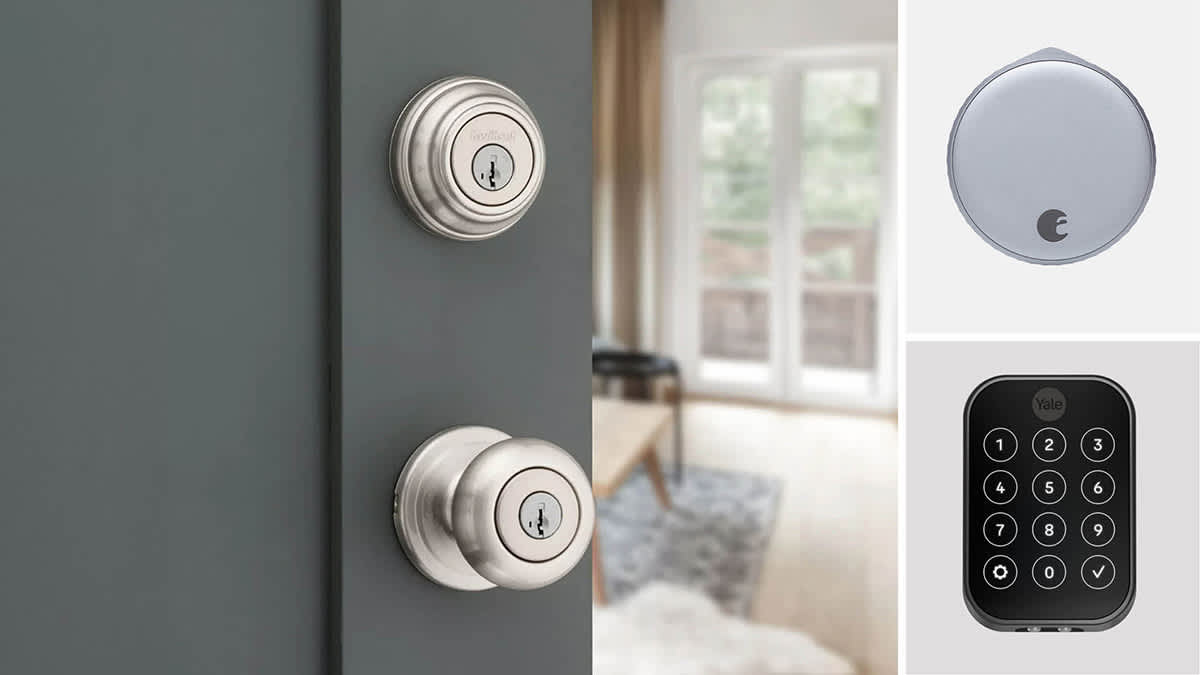Clockwise from left: the Kwikset Juno door lock seen installed on a door opening into a living room; August WiFi Smart Lock; Yale Assure Lock 2 smart lock.