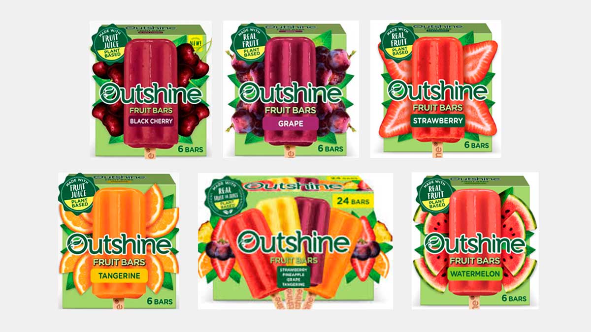 Recalled Outshine Fruit Bars in flavors: Black Cherry, Grape, Strawberry, Tangerine, and Watermelon.