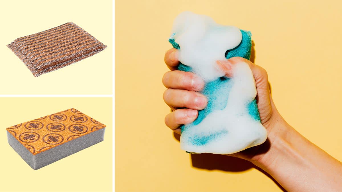 Hawkins New York Lurex Sponge and Skura Style Skrubby Sponge next to a person squeezing a dish sponge with soap bubbles.