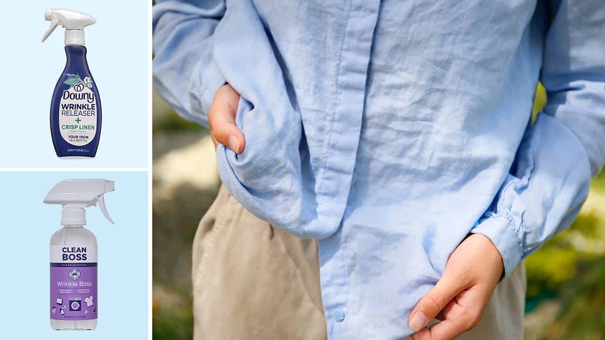 Clockwise from left: Downy Wrinkle Releaser +; a person holding out their wrinkle button down shirt; Clean Boss Wrinkle Boss