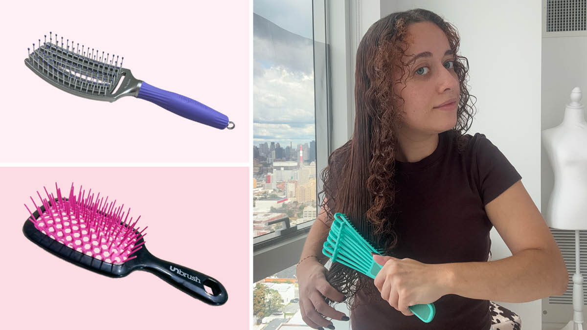 grid of three images with Olivia Garden and Unbrush brushes on light pink backgrounds and person using Bestool detangling brush with city view in background