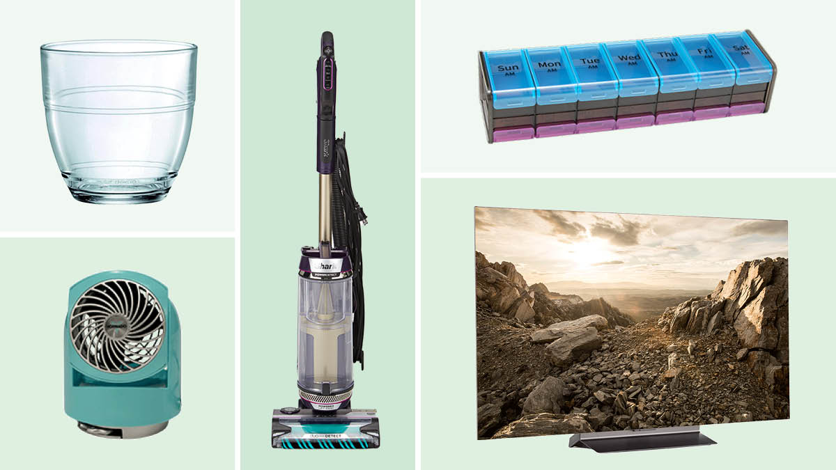 grid of five images with Duralex Le Gigogne Tumbler, Vornado Flippi V6 Personal Air Circulator, Shark PowerDetect AZ4002, Bexeen Extra Large Pill Organizer and LG OLED55C5PUA TV on light green backgrounds