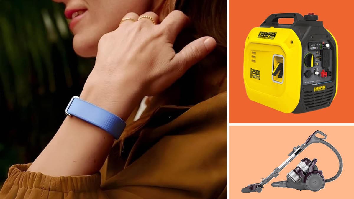 A collage of images including a fitness tracker, small generator and a vacuum cleaner