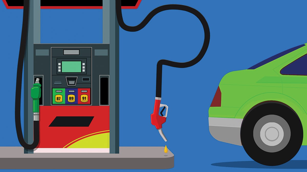 An illustration of a green car parked next to a gas pump, with a gas hose shaped like a question mark.