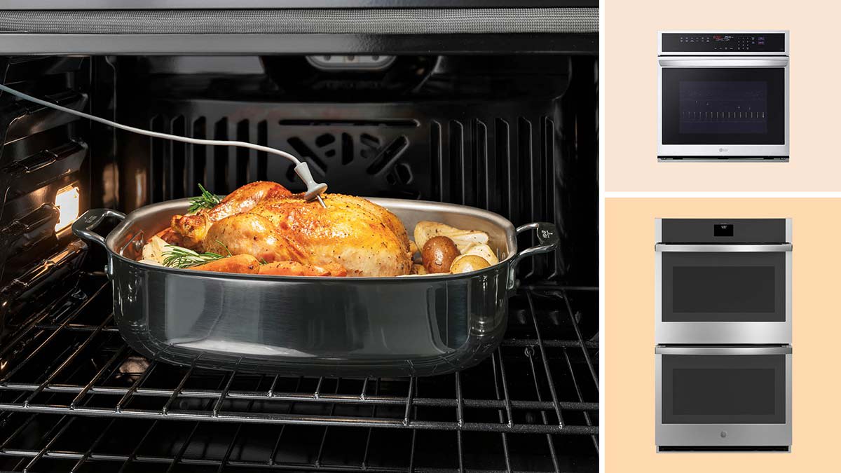 Clockwise from left: a roasted chicken and potatoes seen in an oven with a thermometer stuck in it; LGWEP4727F; GE JTD5000SVSS