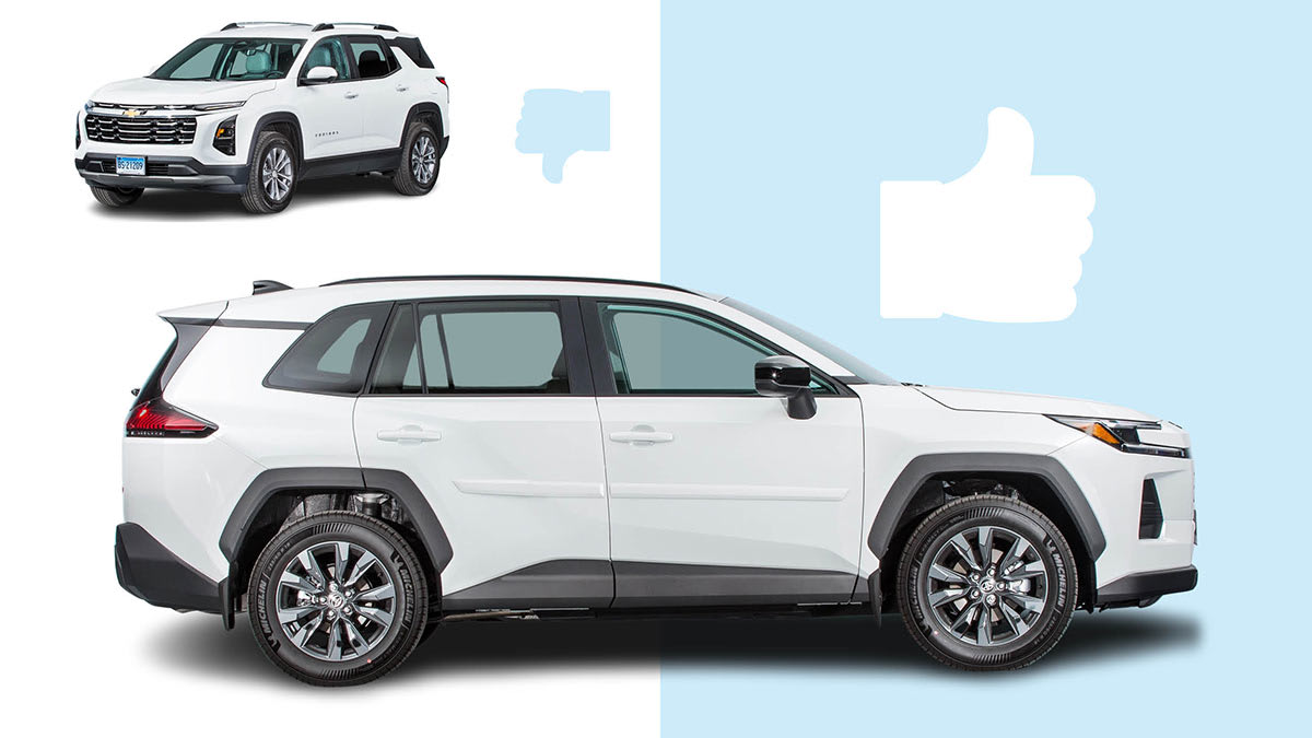 2026 Chevrolet Equinox on the left with the thumbs down symbol and the 2026 Toyota RAV4 with the thumbs up symbol on the right.