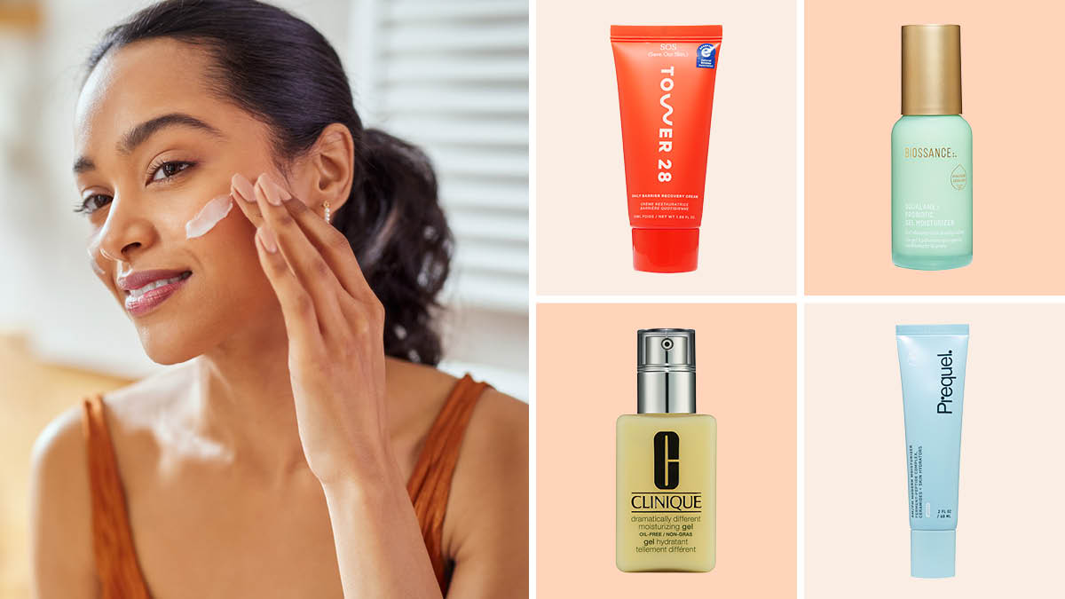 Woman rubbing moisturizer on face, Tower28, Biossance, Clinique, and Prequel moisturizer bottles