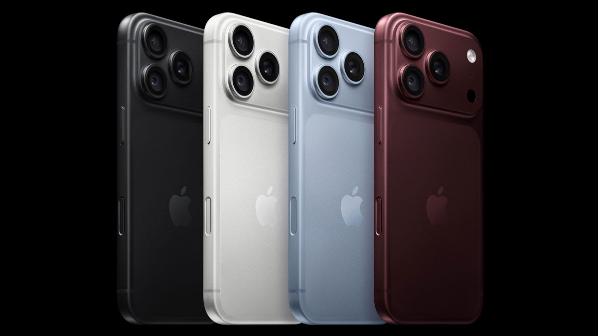 lineup of iPhone 18 Pro in four finishes: black, silver, glacier, and burgundy.