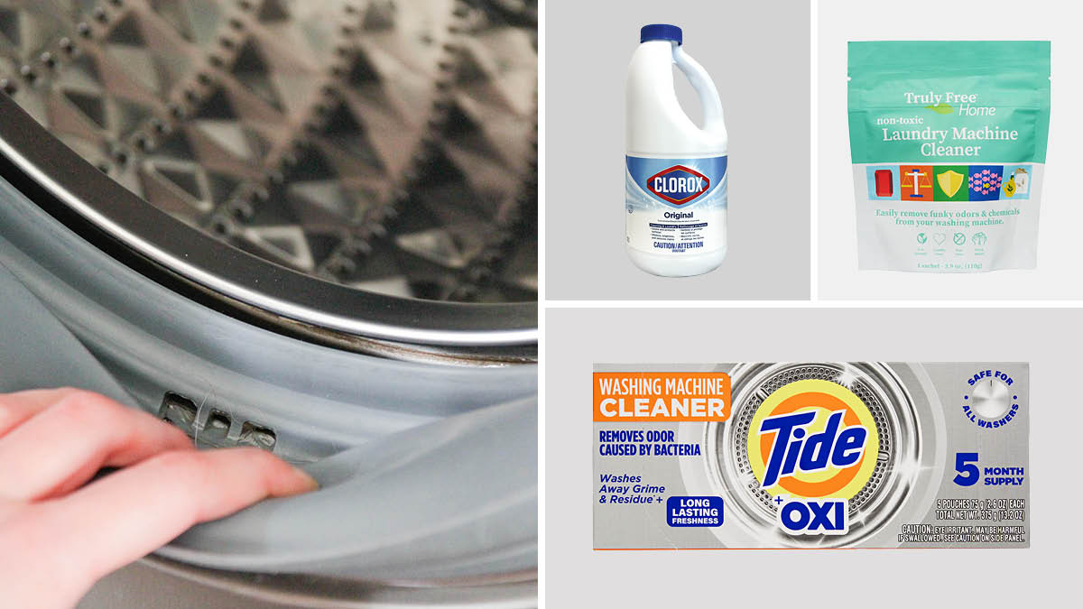 Hand pulling the rubber gasket back on a washing machine door on left, Clorox bleach, Truly Free and Tide washing machine cleaners