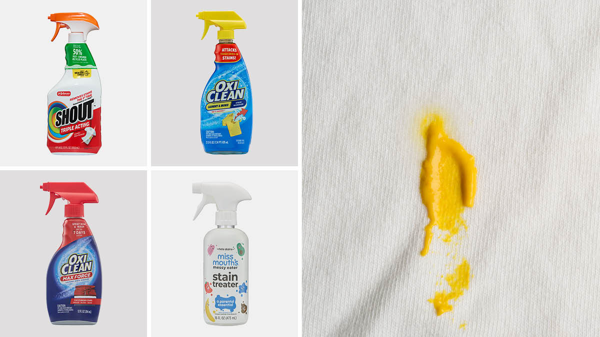 Shout, OxiClean, OxiClean Max Force, and Miss Mouth's laundry stain removers on left, mustard stain on a white T-shirt on right.