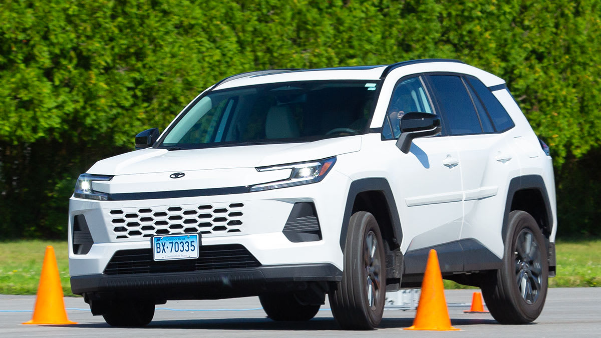 2026 Toyota RAV4 goes through the accident avoidance maneuver test at Consumer Reports' Auto Test Center.