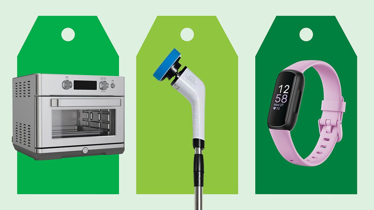 L-R: GE G9OAAASSPSS toaster oven, Leebein Power Spin Scrubber, Fitbit Inspire 3