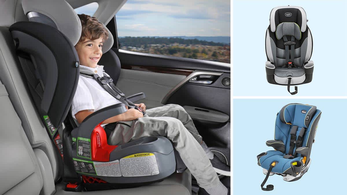 A child sits strapped into a Britax Grow-with-you ClickTight harnessed booster; Evenflo Maestro Sport booster; Chicco MyFit booster.