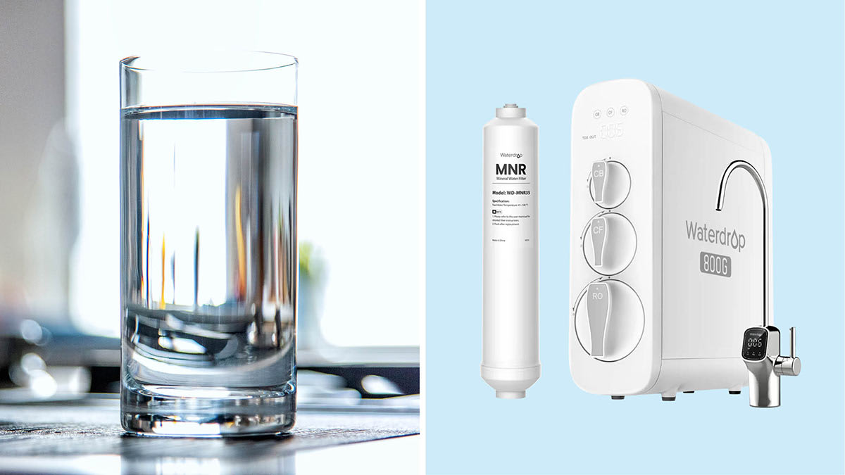 A glass of water and the Waterdrop 800G water filter.