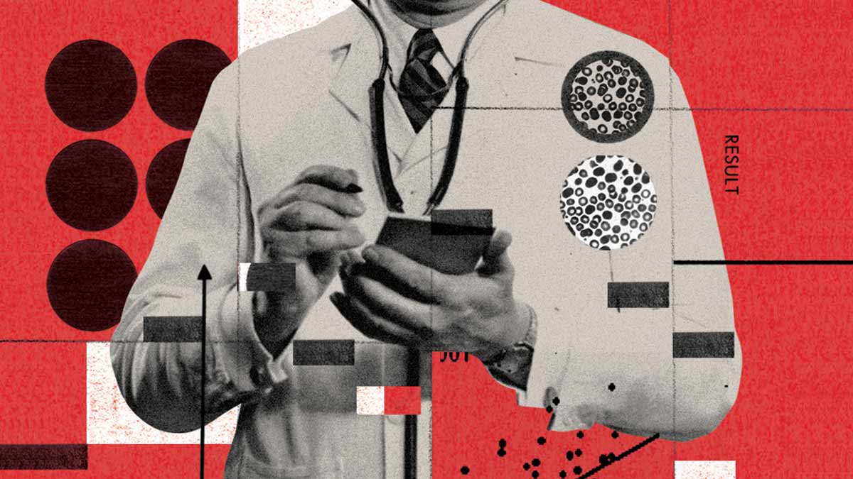 A collage illustration depicting a doctor in a white coat writing on a notepad, surrounded by medical charts on a red background.
