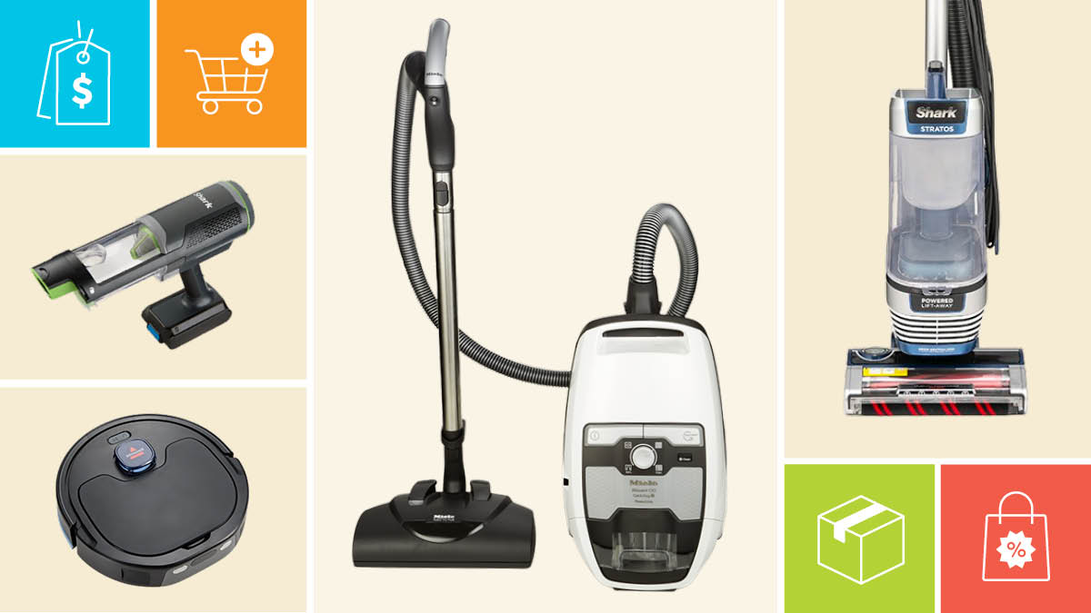 clockwise from bottom left: Bissell FlexClean FurForce 4270L, Shark PowerBoost BH102, Miele Blizzard CX1 Cat & Dog, Shark Stratos AZ3002.