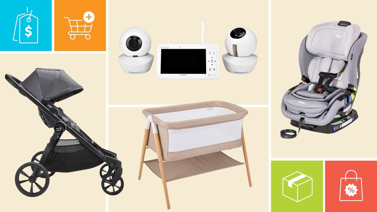Products clockwise from left: Baby Jogger City stroller, Babysense Baby Monitor, Britax Poplar car seat, Delta Children Bondi Beechwood bassinet.