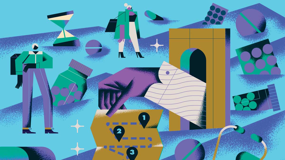 An whimsical illustration showing people navigating the complexity of medicare coverage.