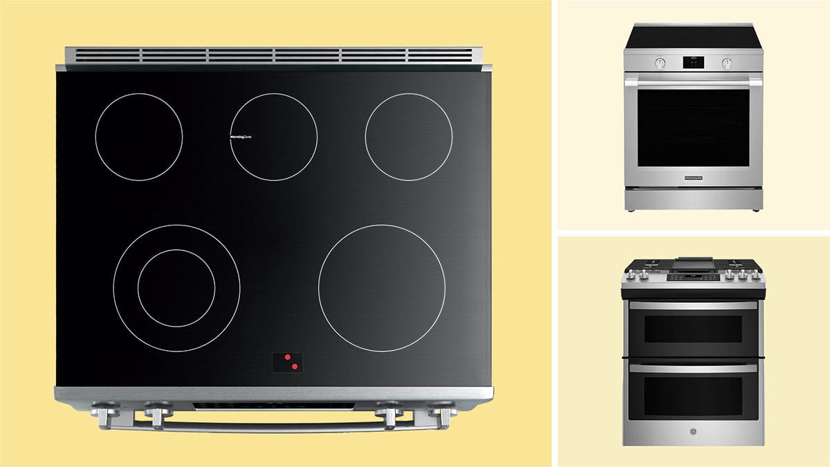 Clockwise from left: the smoothtop of a Bosch electric induction range, Frigidaire Professional range, GE gas range.