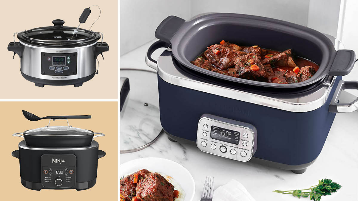 Hamilton Beach and Ninja slow cookers on left, Greenpan slow cooker on right sitting on marble countertop with beef stew inside and plate of beef stew nearby
