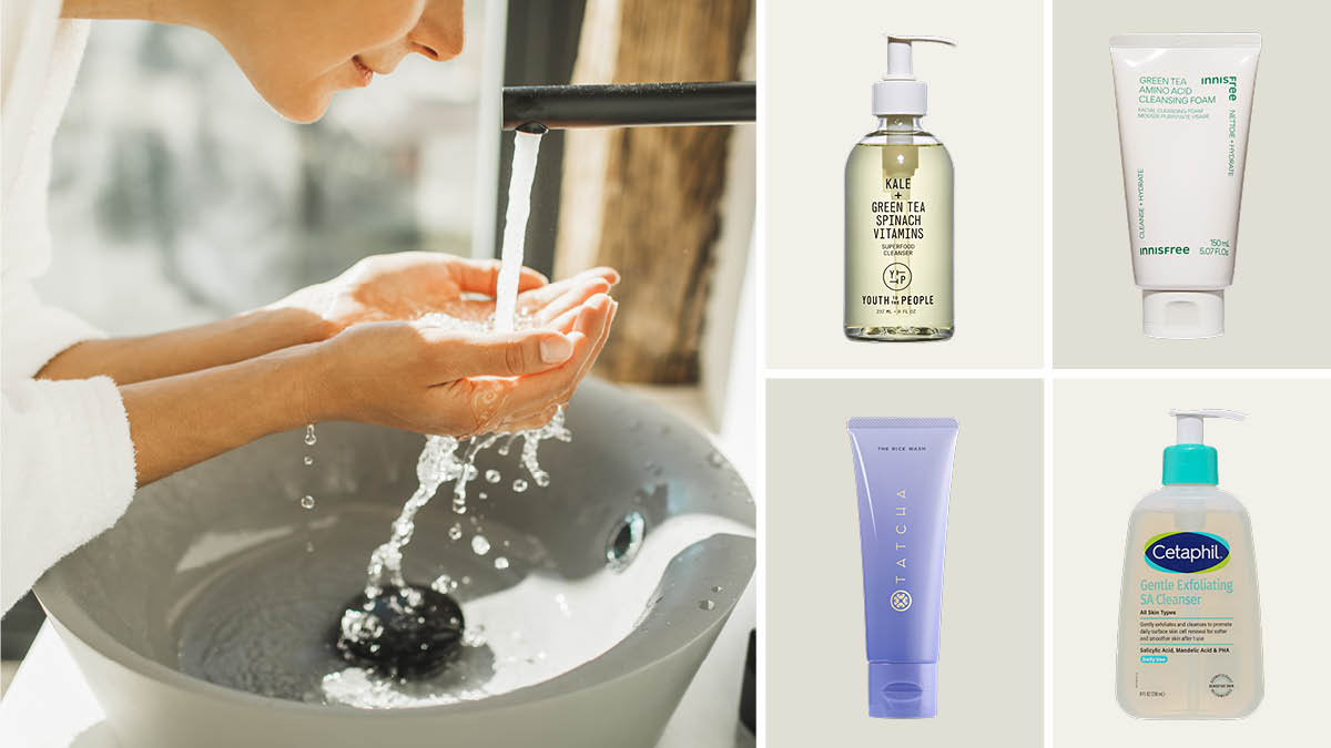 grid with crop of person's face and hands cupping water from bathroom sink to wash their face, Youth to the People Superfood Hydrating Gentle Antioxidant Refillable Cleanser, innisfree	Green Tea Amino Acid Cleansing Foam, tatcha	The Rice Wash Skin-Softening Cleanser, and Cetaphil	Daily Facial Cleanser on beige backgrounds