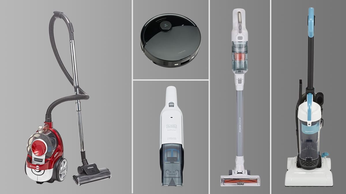 Atrix Vortex VR25BCV canister vacuum, Lefant M210 robotic vacuum, Black+Decker PowerSeries+ 20V Max BHFEA520J stick vacuum, Amazon Basics Bagless Upright Vacuum Cleaner, and Black+Decker Dustbuster HLVC315B10 handheld vacuum on grey background with white lines separating them